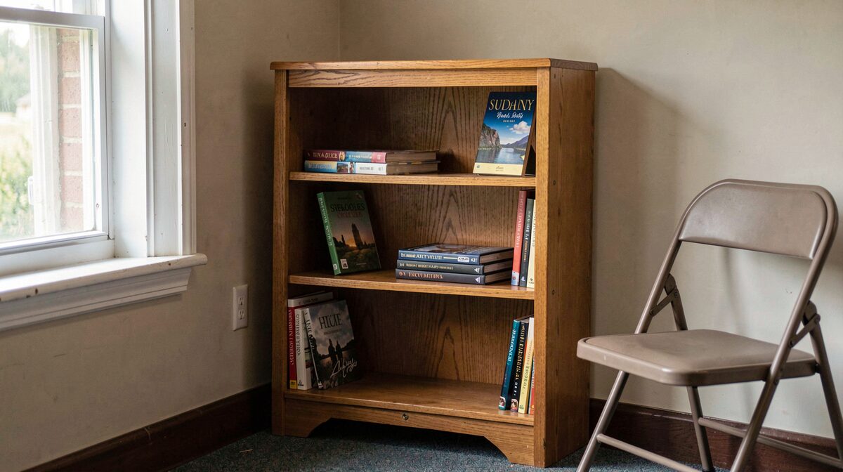 A wooden bookcase in the corner of a small church fellowship hall, holding a few study guides, a DVD case and a hymnal, with late afternoon light coming through a window and a folding chair in the foreground.