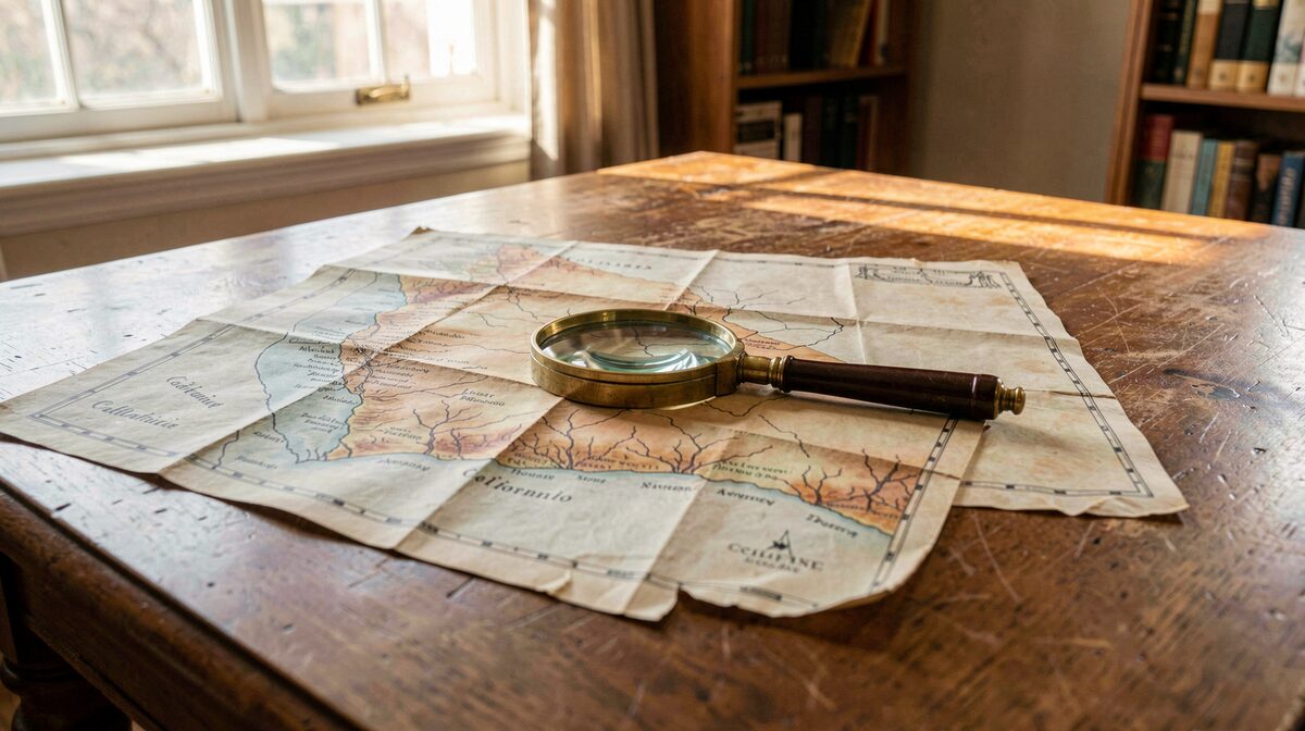 A folded 19th-century map of the California desert open on a wooden reading room table, a brass magnifier resting on a dry lake, late afternoon light through a west window.