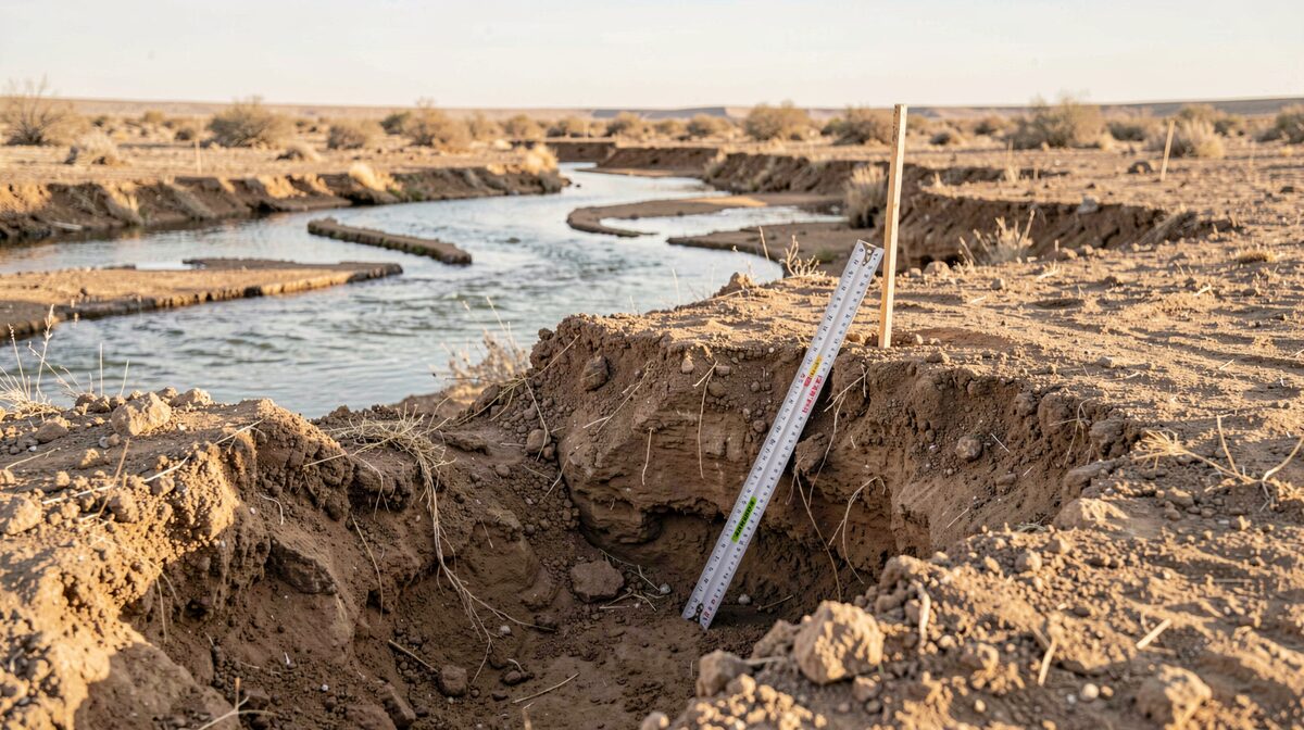 A shallow soil pit dug in dry desert ground beside a braided wash, with a folding ruler laid against the exposed layers and a stake marking the high water line on the bank, photographed in low morning light.