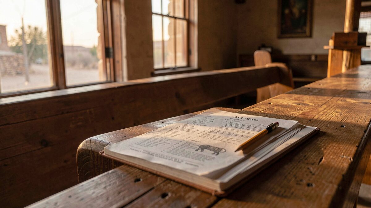 A printed concert programme on a wooden pew in a small desert church, late afternoon light through a side window, a pencil resting on the open page.