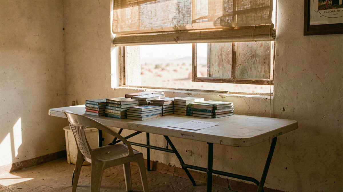 A folding table in the back of a small desert church hall at midday, stacked hymnals and a paper sign-up sheet under a window with the blind half drawn, one plastic chair pushed back from the table.